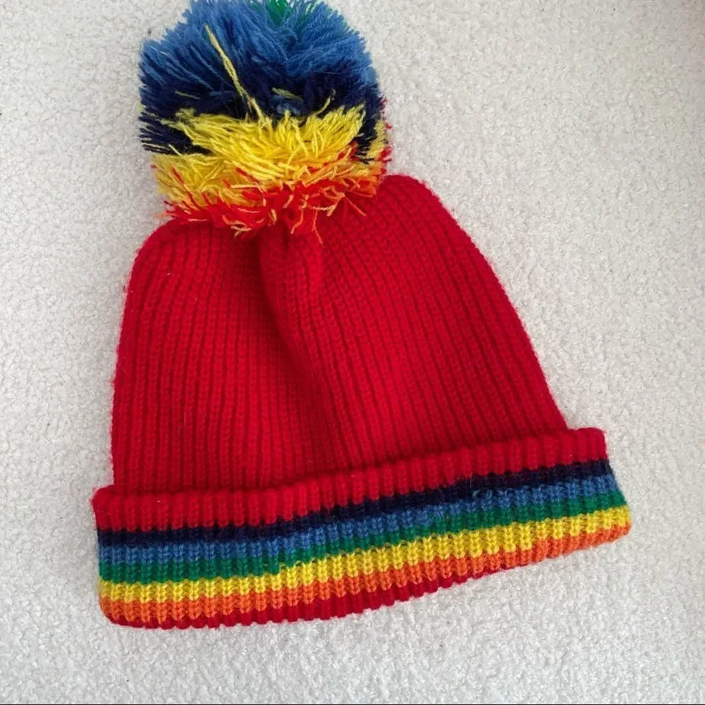 Vintage 70s Rainbow Knit Pom Pom Beanie Hat Childs 6X Adult Small